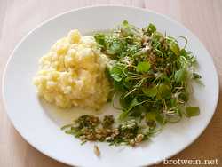 Postelein-Salat mit pikantem Walnuss-Kapern-Dressing und Kartoffel-Sellerie-Stampf